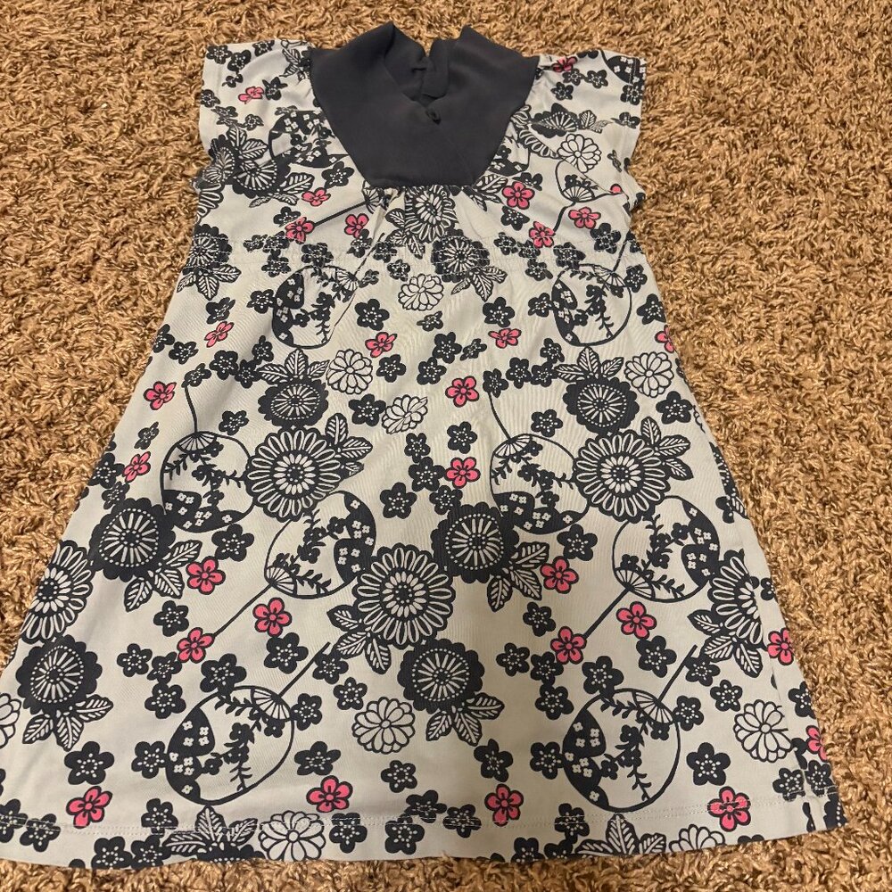 Tea Collection Floral Print Dress 4 Blue Short Sleeve 100% Cotton Gathered Waist
